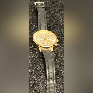 Olivia Burton London Gold Multifunction Watch Black Leather Strap, Needs Battery